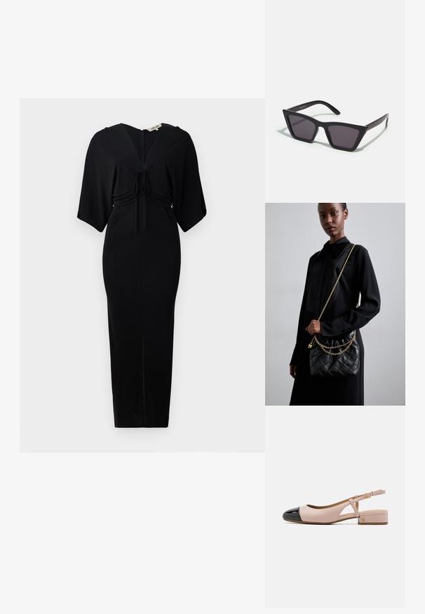 Černé šaty s krátkými kimono rukávy, detail vázání v pase a zipem na zadní straně. Těsně padnoucí design s délkou ke kolenům. Hladká textura.; Sandalové boty na podpatku s růžovou koženou svrchní částí a lesklou černou špičkou. Mají malý blokový podpatek a nastavitelné zapínání kolem kotníku.; Černé, ostré sluneční brýle s šedými skly; vyrobené z plastu, s mohutnými rameny a hladkým povrchem bez viditelného hardwaru.; Černá prošívaná kožená kabelka s staženým vrchem, zlatým řetízkovým popruhem a obdélníkovým tvarem, držena před jednoduše pozadím.