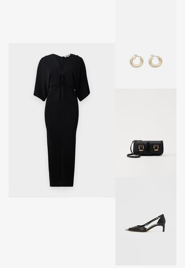 Juoda suknelė su trumpomis kimono rankovėmis, juosmenyje surišama detalė ir užtrauktukas nugaroje. Prigludusi forma su kelio ilgio apvadu. Lygi tekstūra.; Juodos odos bateliai su žemu kulniuku, smailiu sidabro spalvos pirštinės gaubtu ir dvigubais dirželiais, ant balto fono.; Juodas odinis per petį nešiojamas krepšys su dviem priekiniais kišenėmis, auksiniais sagtimis, užtrauktuko uždarymu ir siauromis petnešomis. Textūruota paviršius ir kompaktiškas stačiakampis formatas.; Lauren Ralph Lauren BASIC SMALL HOOP - Auskarai - gold-coloured