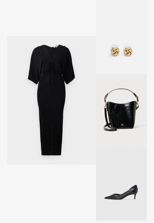 Černé šaty s krátkými kimono rukávy, detail vázání v pase a zipem na zadní straně. Těsně padnoucí design s délkou ke kolenům. Hladká textura.; Černá kožená lodička s špičatou špičkou a nízkým podpatkem. Má hladkou texturu a jemný lesk. Přední část je otevřená pro zvýraznění detailu.; Černá kožená taška s krokodýlím vzorem, zakřiveného tvaru, se zlatými kovovými akcenty, nastavitelným popruhem a logem na přední straně.; Náušnice ve zlatém tónu ve tvaru uzlu s propleteným designem. Každá náušnice má kulatou průhlednou oporu pro bezpečné nošení.
