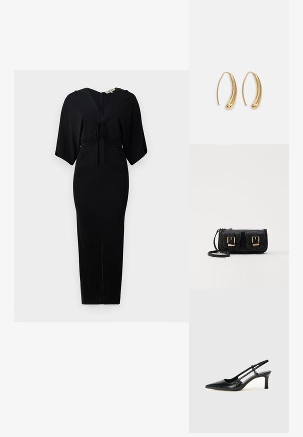 Fekete ruha rövid kimono ujjakkal, derékon megkötő rész, és hátsó cipzárral. Figyelemfelkeltő szabás, térd alá érő szegéllyel. Sima textúra.; Fekete lakk slingback sarok, hegyes orral, texturált kígyómintával, állítható pánttal és rövid, texturált tömbsarkal.; Fekete bőr keresztbody táska két elülső zsebbel, arany csattokkal, cipzáras záródással és vékony pánttal. Textúrált felület és kompakt téglalap alak.; Aranyszínű fémből készült karika fülbevalók ívelt, hosszúkás formával. Simaságával és fényes felületével, valamint lekerekített végével további részletekkel bővül.