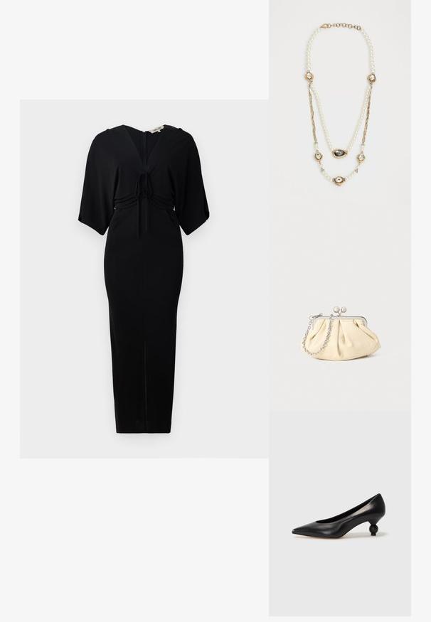 Fekete ruha rövid kimono ujjakkal, derékon megkötő rész, és hátsó cipzárral. Figyelemfelkeltő szabás, térd alá érő szegéllyel. Sima textúra.; Fekete bőr magassarkú cipő, hegyes orral és kerek, gömbölyű sarokkal. Simább textúrával, elegáns, minimalista dizájnnal.; Pleátolt bézs bőr válltáska ezüst fém kerettel, két kerek díszcsattal és ezüst lánc pánttal.; Gyöngy nyaklánc arany kiegészítőkkel, három drágakövekkel díszített foglalattal és fonott láncrésszel. A színpaletta fehér és arany.