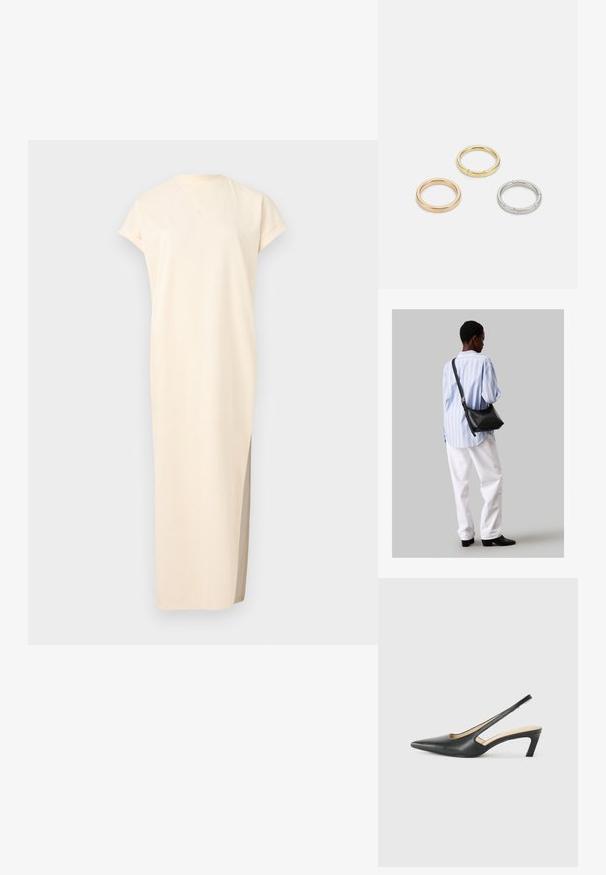 Beez maxi kleit lühikeste varrukatega, ümmarguse kaelusega ja külje lõhikuga. Valmistatud pehmest, kerge kehakaalu kangast, millel on sile tekstuur.; Must mustaga, terav varvas, madala kontsaga sildiga king, mis on valmistatud siledast nahast ja mille küljel on lõike disain hingavuse tagamiseks.; Must have mustras alasi nahkpatsi, pehme tekstuuriga, kolmnurkse kujuga ja reguleeritava rihmaga, koos helesinise triibulise särgi ja valgete pükstega.; Kolme metallist rõngast: üks roosa kuld, üks kuld tekstuursete aktsentidega ja üks hõbe, kõik sisepoolt graveeritud brändinguga.