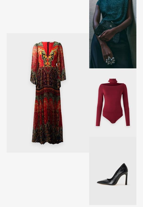 Langes, plissiertes Kleid mit tiefem V-Ausschnitt, leuchtend roten und floralem Muster sowie transparenten Glockenärmel mit einem dunklen Akzentsaum.; Body mit langen Ärmeln, hohem Kragen und einem schulterfreien Design in einer einheitlichen burgunderfarbenen Farbe. Hergestellt aus einem weichen, dehnbaren Stoff.; Schwarzer, spitz zulaufender High Heel mit Krokodilleder-Struktur, elegantem Design, hohem Stiletto-Absatz und glattem schwarzen Innenraum.; Schwarze Clutch-Tasche im Kroko-Design mit silbernen Beschlägen, vor einem strukturierten grauen Hintergrund gehalten. Verfügt über eine glänzende Oberfläche.