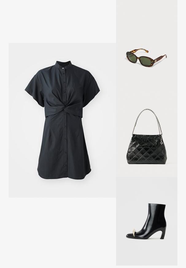 Zwart, jurk met korte mouwen en een kraag, met een voorste twistdetail en knoopsluiting, gemaakt van een gladde, lichte stof.; Zwarte enkelboot van glanzend leer, met een spitse neus en een decoratieve gouden en zilveren accent aan de voorkant. Ontwerp met blokhak.; Schildpad zonnebril met groene glazen, ovale vorm, voorzien van gouden logo hardware aan de zijkant en een gladde glanzende afwerking.; Zwarte gewatteerde leren handtas met een zilveren kettinghengsel, met een gestructureerd ontwerp en een gladde textuur.