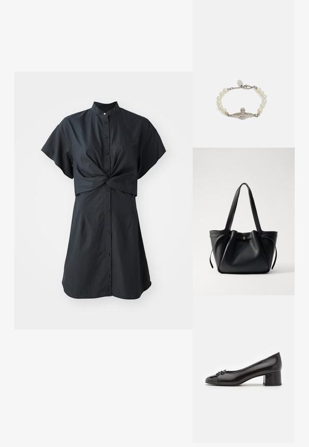 Čierne šaty s krátkym rukávom a golierom, s predným twistom a zapínaním na gombíky, vyrobené z hladkej, ľahkej tkaniny.; Čierne lakované kožené lodičky s okrúhlou špičkou, malou mašľou vpredu a nízkym blokovým podpätkom. Hladká textúra po celom povrchu.; Čierna kožená taška na rameno s dvoma dlhými popruhmi, sťahovaným vrcholom a zlatým kruhovým akcentom. Hladký povrch s minimalistickým dizajnom.; Čierna kožená taška na rameno s dvoma dlhými popruhmi, sťahovaným vrcholom a zlatým kruhovým akcentom. Hladký povrch s minimalistickým dizajnom.; Perlový náramok s kovovými prvkami zo striebra, stredným dekoratívnym zapínaním s geometrickým dizajnom a malými rhinestonami, zakončený sponou na homára.