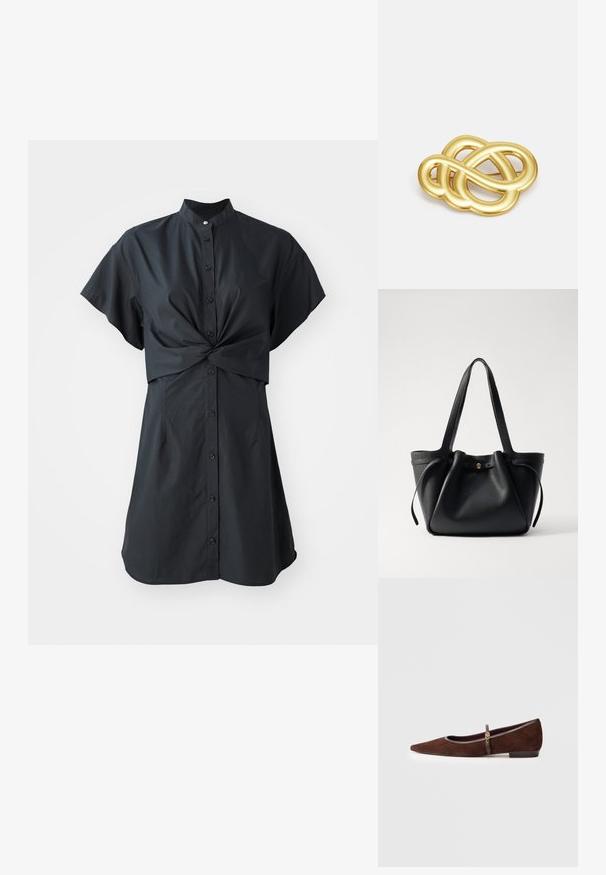 Černé šaty s krátkým rukávem a límečkem, mají přední detail s twistem a zapínání na knoflíky, vyrobené z hladké, lehké látky.; Hnědé semišové baleríny s špičatou špičkou, vybavené tenkým páskem a zlatým kovovým detailem. Obuv má nízký podpatek a šedý lem.; Černá kožená taška přes rameno s dvěma dlouhými popruhy, staženým vrškem a zlatým kruhovým akcentem. Hladký povrch s minimalistickým designem.; Brož ve zlatém tónu s uzlovým vzorem, hladkými zakřivenými liniemi a složitým tvarem, odrážející lesklý povrch.