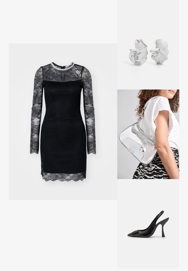 Robe en dentelle noire à manches longues, dotée d'un corsage en dentelle transparente, d'un ourlet festonné et d'un col orné. Design ajusté.; Chaussure slingback en cuir noir avec un bout pointu, un talon haut fin et un accent de nœud décoratif. Texture lisse et design élégant.; Sac à épaule en métal argenté avec une texture lisse, un design incurvé, une bandoulière en chaîne et un panneau avant poli présentant une gravure discrète du logo.; Boucles d'oreilles en argent avec un design en spirale fluide. Texture lisse avec une finition polie. Présente un éclat subtil et sans ornements visibles.