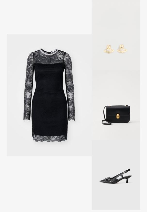 Mustast pitsikleit pikkade varrukatega, millel on läbipaistev pitsi ülemine osa, sakilise ääre ja kaunistatud kaelus. Vormiv disain.; Must must have must toote tõmblukuga, dekoratiivsed rihmad metallist silmadega ja madal blokk-kand. Tekstureeritud pind.; Must kase nahast käekott, millel on struktureeritud ristkülikukujuline kuju. Omab kuldset ovaalset lukku ja õhukest õlavarre rihma. Sile tekstuur.; Kullatud tooni kõrvarõngad, millel on Saturni disain, tekstureeritud ribaga ja sisse pandud ringikujulised kristallid lisasära jaoks.