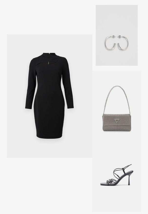 Črna dolga obleka z dolgimi rokavi in visokim ovratnikom, ki ima izrez v obliki ključavnice pod ovratnikom, izdelana iz gladkega in raztegljivega materiala.; Črne visoke sandale na peto imajo tanke naramnice z vozlom, gladek kvadratni toe in eleganten stiletto peto.; Svetlo siva kovinska torbica z verižnim ročajem, okrašena z majhnimi okroglimi kovinskimi bleščicami in trikotnim logotipom blagovne znamke.; Srebrne obročaste uhane z gladko, sijočo površino. Zaobljena oblika, lahka zasnova, z zapiranjem na zatič.