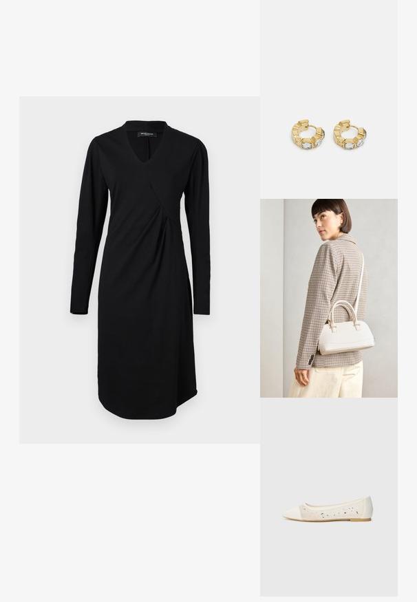 Černé dlouhé šaty s výstřihem do V a asymetrickým drapováním. Vyrobeny z měkké látky, mají zaoblený spodní lem a decentní steh.; Béžové ploché boty s špičatou špičkou z krémové kůže s průhledným svrškem posetým třpytivými kamínky. Měkká podrážka pro maximální pohodlí, minimalistický design.; Bílá strukturovaná kabelka s krátkými uchy a ramenním popruhem, zdobená zlatými kovovými prvky a texturovaným materiálem, vystavená na šedém pozadí.; Zlaté kruhové náušnice s texturovaným designem a třemi jasnými krystalovými akcenty na jedné straně, které nabízejí moderní geometrickou estetiku.