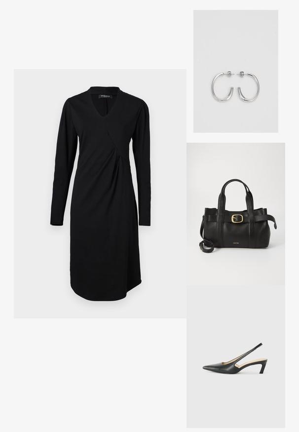Vestido preto de manga longa com decote em V e drapeado assimétrico. Confeccionado em tecido macio, apresenta uma bainha arredondada e detalhes de costura subtil.; Sandal com bico fino e calcanhar baixo, em couro liso, com um design recortado na lateral para respirabilidade.; Bolsa de couro preto com um design estruturado, alças superiores duplas, detalhe de fivela em tom dourado e logotipo da marca em relevo na frente.; Brincos de argola prateados com um acabamento suave e brilhante. Forma arredondada, design leve, com fecho de pino.