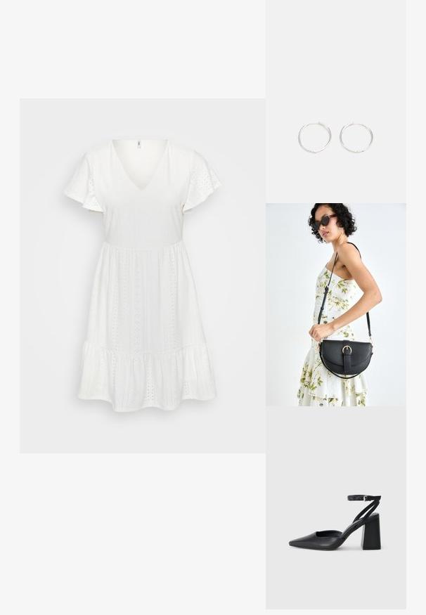 Bílá bavlněná šaty s výstřihem ve tvaru V, krátkými volánkovými rukávy a tiered volánkovým lemem. Obsahuje výšivky a malé výřezové vzory po celém povrchu.; Černé kožené lodičky se špičatou špičkou, kotníkovým páskem a silným podpatkem. Hladká textura, elegantní design a minimalistická estetika.; Černá kožená kabelka s křivkovým tvarem, odnímatelným popruhem a zlatými detaily. Kabelka má klopu s přezkou.; Stříbrné kruhové náušnice s elegantním, kulatým designem, s hladkým povrchem a bez viditelných ozdob. Průměr není specifikován.