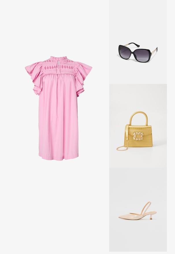 Roza obleka z ohlapnim krojem in kratkimi volanastimi rokavi, zgornji del z naborki in diamantnimi izrezi ter zavezovanjem pri vratu.; Bež čevlji na peto iz patentiranega usnja, s koničastim nosom in ozko kvadratno peto. Gladka tekstura in minimalističen dizajn brez okrasja.; Črne prevelike sončne očala z degradacijskimi lečami, debelimi okvirji in zlatimi verižicami na ročajih.; Rumeno usnjeno-usnje z vzorcem krokodila, s strukturiranim dizajnom, zgornjo ročajem, snemljivo verižico in dekorativnim kristalnim okrasjem na zaponki.