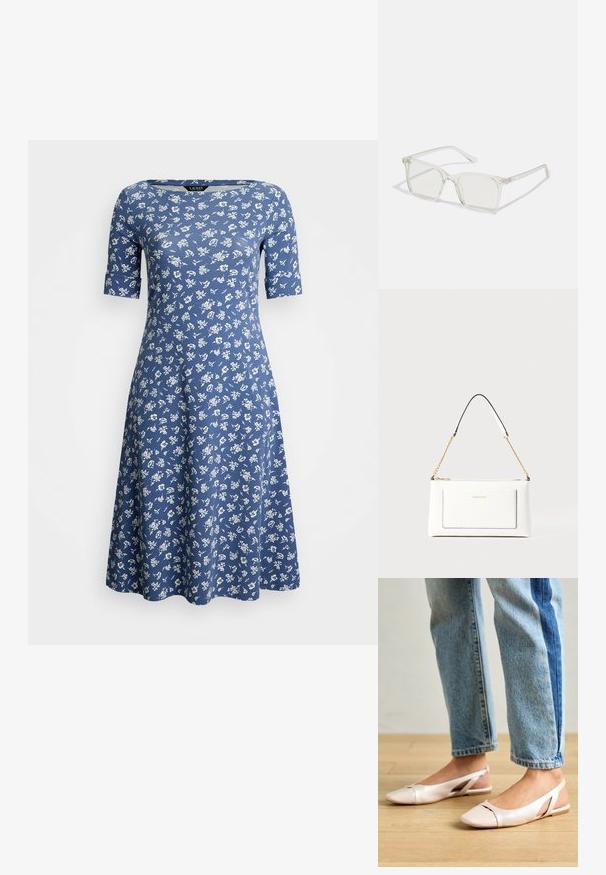 Vestido floral azul com mangas curtas e decote redondo. Feito de tecido suave com saia ampla, adornado com pequenas estampas florais brancas.; Sapatilhas slingback de cor rosa pálido com bico fino, feitas de um material semelhante a couro liso. Apresentam detalhes recortados nas laterais e um salto plano.; Óculos quadrados de plástico transparente com lentes translúcidas, apresentando detalhes em dourado nas hastes.; Bolsa de mão branca em couro com acabamento texturizado, featuring a corrente dourada e detalhes pretos. Inclui um bolso frontal e fecho com zipper.