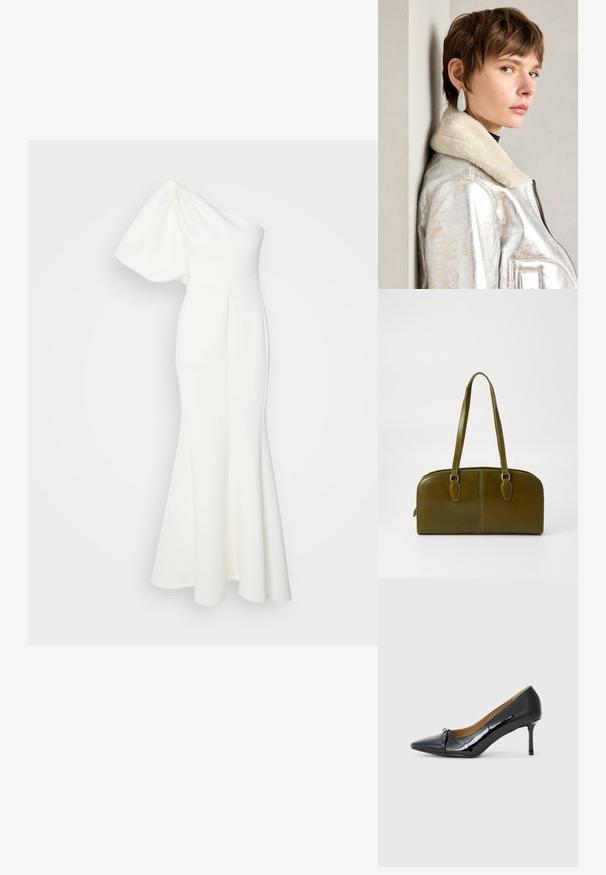 Jarlo FRANCES - Oblačila za posebne priložnosti - ivory; Črne lakirane visoke pete z ostrim nosom, dekorativnim trakastim detajlom spredaj in tankim stiletto peto.; Olive zelena usnjena torba v zaokroženi obliki, z dvojnimi ročaji in brezšivnim sprednjim delom. Ima gladko teksturo in subtilne šive.; Srebrna metalik usnjena jakna s ovratnikom iz jagnječje kože, z zadrgo in strukturirano površino. Velike kapljaste uhane s prozornimi dragimi kamni.