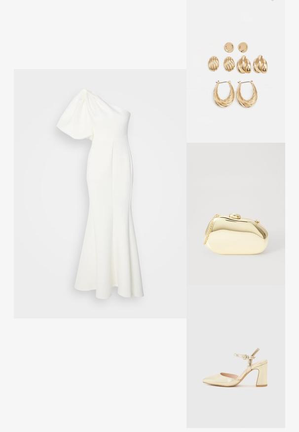 Jarlo FRANCES - Iltapuku - ivory; Kultainen metallinhohtoinen korkokenkä, jossa on terävä kärki, nilkkaremmi, jossa on pyöreä solki, ja jykevä korko. Sileä pinta.; Metallinen kultainen clutch, jossa on sileä ja pyöreä muoto. Sen yläosassa on nappilukko ja pieni ketjuhihna kuljettamista varten.; Korukultaiset korvakoruasetelmat, jotka sisältävät kolme paria: kuvioidut soikeat nappikorvakorut, aaltoilevalla muotoilulla varustetut nappikorvakorut ja suuret renkaat, joissa on kerrokselliset urat.
