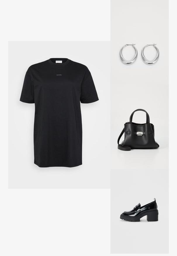 Svart bomulls t-skjorte med korte ermer, rund hals og en liten logodetalj foran. Løs passform med en glatt tekstur.; Sorte lakkloafers med en massiv blokkheel, med en dekorativ stropp og en teksturert gummisåle for bedre grep.; Svart skinnveske med teksturert overflate, som har to håndtak på toppen, en avtagbar skulderrem og detaljer med sølvspenne.; Et par polerte sølv halvmåne hoop øredobber med hengselspenner på hvit bakgrunn.