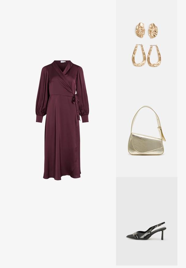 Bordowa sukienka w stylu wrap z długimi bufiastymi rękawami, związana w talii i o zwiewnym kroju. Wykonana z gładkiego materiału, z dekoltem w kształcie litery V i delikatnym spływaniem.; Czarne lakierowane buty typu slingback z ostrym noskiem, paskami na kostkach z srebrnymi klamrami i elementami metalowymi oraz smukłym obcasem.; Złota metaliczna torebka o strukturalnym designie, gładkiej powierzchni i regulowanym pasku. Charakteryzuje się unikalnym trójkątnym kształtem i minimalistycznym przeszyciem.; Złote kolczyki w odcieniu, prezentujące teksturowane, faliste kształty. Zawierają rzeźbiarskie klipsy i otwarty projekt kółek z młotkowanym wykończeniem.