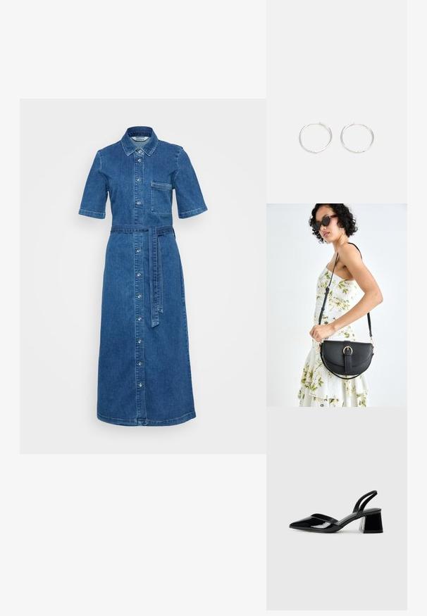 Traper haljina s ovratnikom, kratkim rukavima i remenom u struku. Ima kopčanje na gumbe sprijeda i džep na prsima. Boja je tamno plava.; Crne lakirane kožne sandale s otvorenom petom i špicastim vrhom, s geometrijskom blok petom. Imaju elegantan, minimalistički dizajn i glatku teksturu.; Crna kožna torba s lukovitim oblikom, odvojivim remenom i zlatnim detaljima. Torba ima preklop s kopčom.; Srebrne okrugle naušnice jednostavnog dizajna, s glatkom površinom i bez vidljivih ukrasa. Promjer nije specificiran.