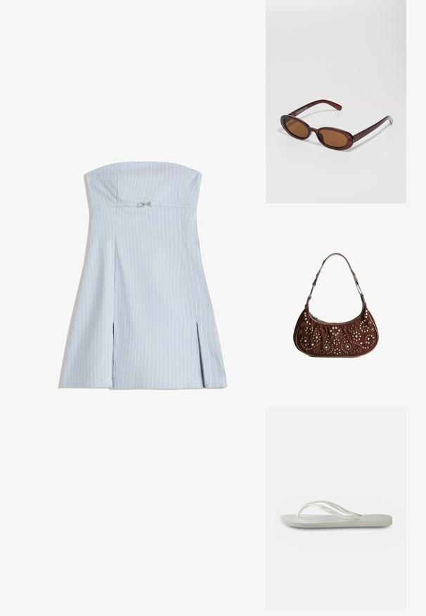 Strapless, ljusblå klänning med vertikala vita ränder, med en figurnära överdel och två framslitsar, tillverkad av ett slätt tyg. Silverdetaljer.; Vit flip-flop med en strukturerad sula, som har tunna remmar och en platt design. Tillverkad av gummi med en diskret logotyp på fotsulan.; Runda, bruntonade solglasögon med en glansig bordeauxfärgad ram. Smala bågar med subtilt varumärkesdetalj. Platt linsdesign.; Brun mocka axelväska med halvmåneform, dekorerad med silver- och guldgröna nitar i blommiga och cirkulära mönster.