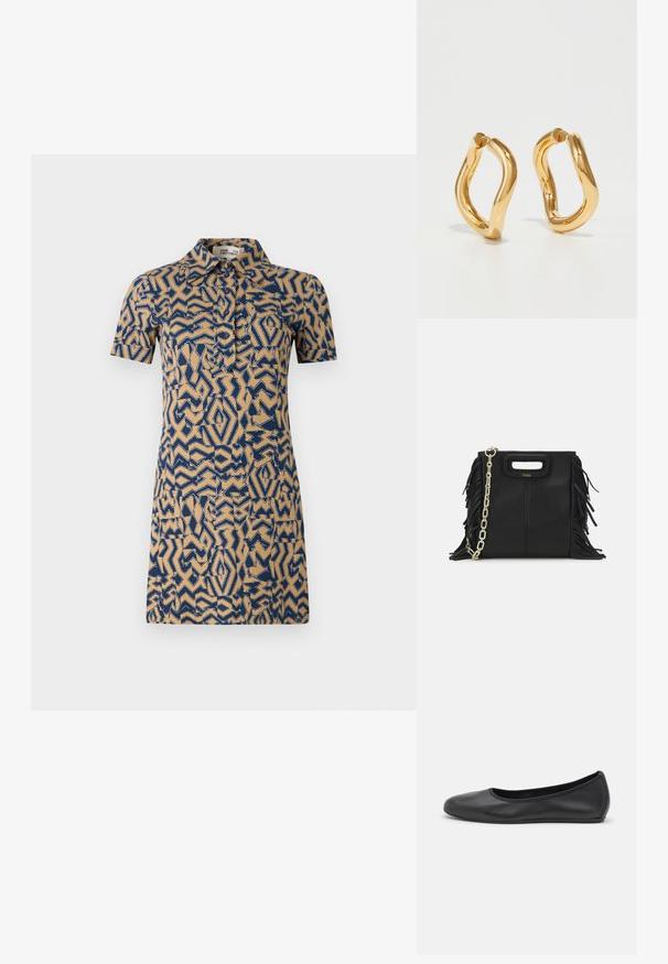 Rövidujjú bézs ruha kék geometriai mintával. Galléros nyakkal és gombos elülső kialakítással rendelkezik.; Fekete bőr balettcipő lekerekített orral, sima tekstúrával, minimális varrással és rugalmas talp kialakítással.; Fekete bőr kézitáska, frufrus részletekkel, arany láncos vállpánttal és kivágott fogantyúval. Az elülső részen logó található.; Aranyszínű karikafülbevalók íves, szabálytalan formával és sima, fényes felülettel. Nincsenek látható hardverek vagy díszítések.