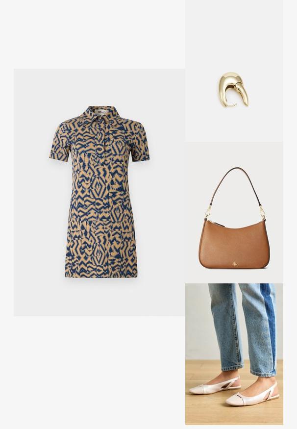 Beżowa sukienka z krótkim rękawem w niebieski geometryczny wzór. Posiada kołnierzyk oraz zapięcie na guziki z przodu.; Jasnoróżowe baleriny na odkrytej pięcie z wąskim noskiem, wykonane z gładkiego materiału imitującego skórę. Posiadają wycięcia po bokach oraz płaski obcas.; Brązowa torebka skórzana o teksturowanej powierzchni, o zaokrąglonym kształcie, ze złotymi akcentami i pojedynczym paskiem na ramię. Wyposażona w zamek błyskawiczny i detal z logo.; Złote metalowe kolczyki o eleganckim, zakrzywionym kształcie. Posiadają charakterystyczny szpiczasty kształt, polerowaną powierzchnię oraz zapięcie na zawias.
