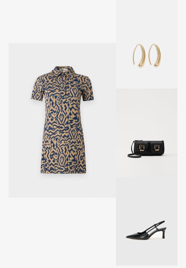 Kratka obleka s kratkimi rokavi v bež barvi z modrim geometrijskim vzorcem. Ima ovratnik in sprednje zapiranje na gumbe.; Črne lakaste slingback pete s koničastim nosom, ki imajo teksturiran vzorec kačje kože, nastavljiv trak in kratek teksturiran blok peto.; Črna usnjena torbica čez ramo z dvema sprednjima žepoma, zlatimi zaponkami, zadrgo in ozkim pasom. Tekstura površine je strukturirana, obliko pa ima kompaktno pravokotno.; Zlato-tonirani kovinski uhani v obliki obroča s krivuljo in podolgovato obliko. Imajo gladko, sijočo površino in zaobljen vrh za dodaten detajl.