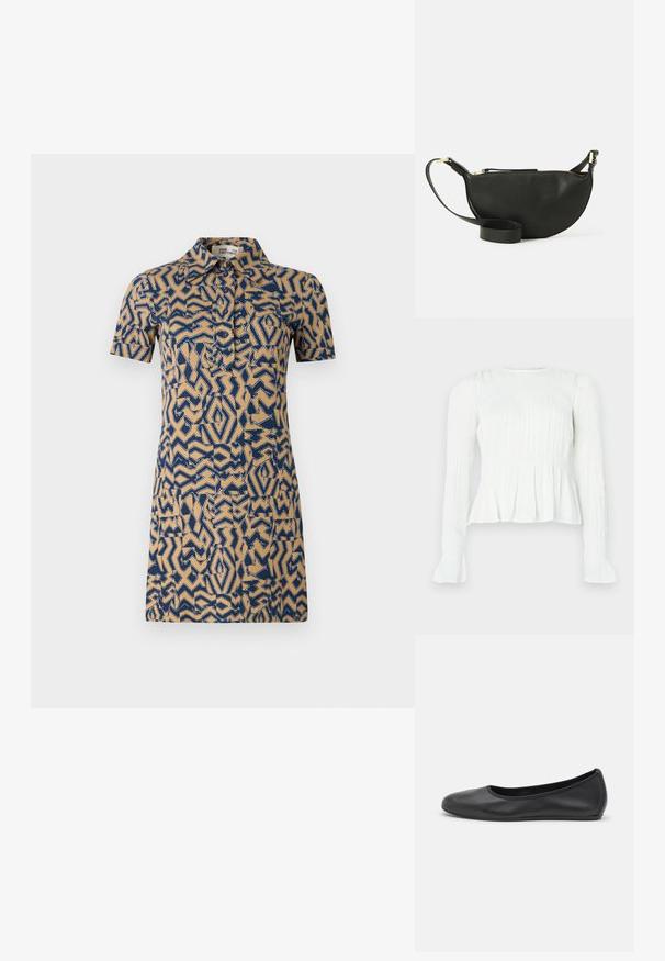 Beżowa sukienka z krótkim rękawem w niebieski geometryczny wzór. Posiada kołnierzyk oraz zapięcie na guziki z przodu.; Biała bluzka z długim rękawem z marszczonymi detalami, karczkiem z marszczenia i rozkloszowanymi mankietami na jednolitym tle.; Czarne skórzane baletki z zaokrąglonym noskiem, gładką fakturą, minimalnymi przeszyciami i elastycznym designem podeszwy.; Czarna skórzana torba na ramię w kształcie półksiężyca, o teksturowanej powierzchni, ze złotym zamkiem błyskawicznym i płaskim paskiem. Kompaktowy design odpowiedni na najważniejsze rzeczy.