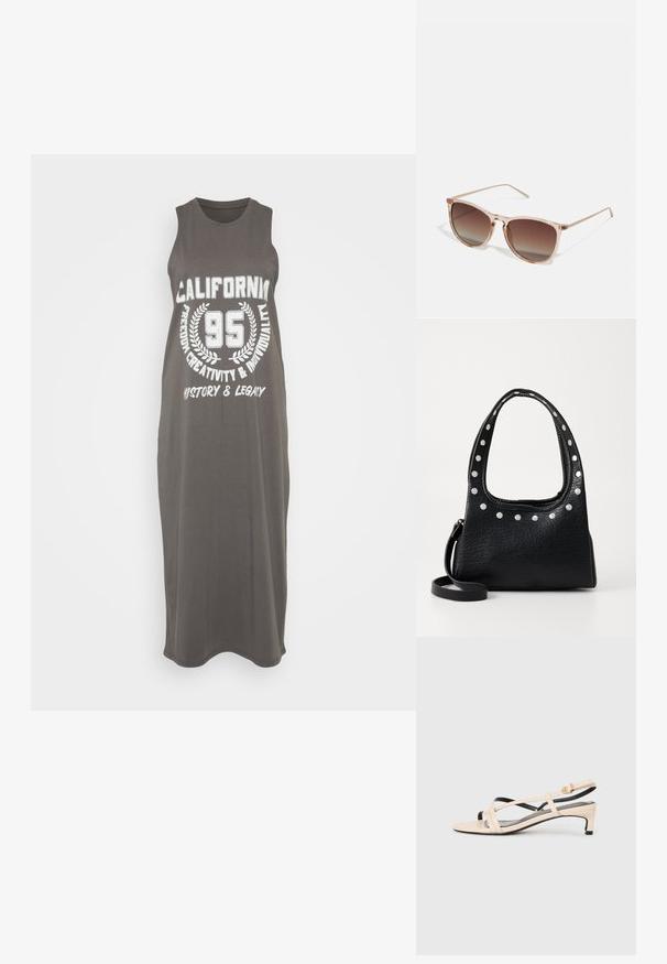 Beigemis rankomis ilgas pilkas suknelė iš minkštos medžiagos, kuriame užrašyta balta grafika: "KALIFORNIJA 95 LAISVĖ KŪRYBA IR INDIVIDUALUMAS ISTORIJA IR PALIKIMAS."; Bežiniai odiniai sandalai su kryžminiais dirželiais, mažu kulnu ir juodais akcentais. Lygi tekstūra ir minimalistinis dizainas.; Rudi gradientiniai saulės akiniai su permatomu rožiniu rėmeliu, kvadratinės formos ir plonomis metalinėmis šakėmis. Yra su apvalintais kraštais ir minimaliais dekoratyviniais elementais.; Juodas tekstūruotas odinis rankinukas su sidabriniais deimantais viršutiniame krašte ir ant rankenų, turintis trumpą rankeną ir nuimamą diržą.