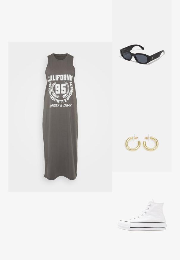 Bez piedurknēm, gara pelēka kleita no mīksta auduma ar baltu grafisku tekstu: "KALIFORNIJA 95 BRIVĪBA RADOŠNIA UN INDIVIDUALITĀTE VĒSTURE UN MANTOJUMS."; Balti augstie kanvas sporta apavi ar melnu gumijas zoli, priekšējo gumijas purngalu un sešām acīm lencēm, kuriem ir tīrs, minimālistisks dizains.; Melnas saulesbrilles ar taisnstūra formu, matētu apdari, tumšiem stikliem un nedaudz izliektām kājām. Diskrēts logo akcenti uz vienas kājas.; Zelta auskari ar gludu, spīdīgu apdari. Apaļš dizains, kas ietver mazu tapu un caurspīdīgu pamatni drošai valkāšanai.