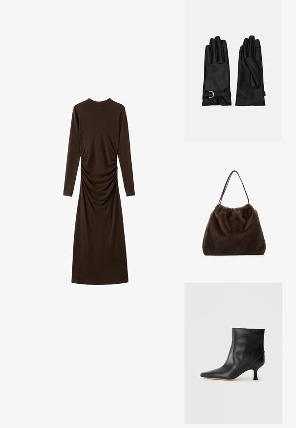 Dolga rjava obleka iz mehkega materiala, z gubanjem na strani. Obleka ima visok ovratnik in kičasto silhueto.; Črne usnjene gležnjarje s koničastim nosom in majhnim kvadratnim petkom. Imajo gladko teksturo in minimalističen dizajn s stranskimi šivi.; Rjava torba iz mehkega krzna z zgoraj nabranim delom in dvema vitkima naramnima trakoma. Oblikovanje vključuje zaobljeno obliko in brez vidne kovinske opreme.; Pieces PCJEA SMART GLOVES - Rokavice - black