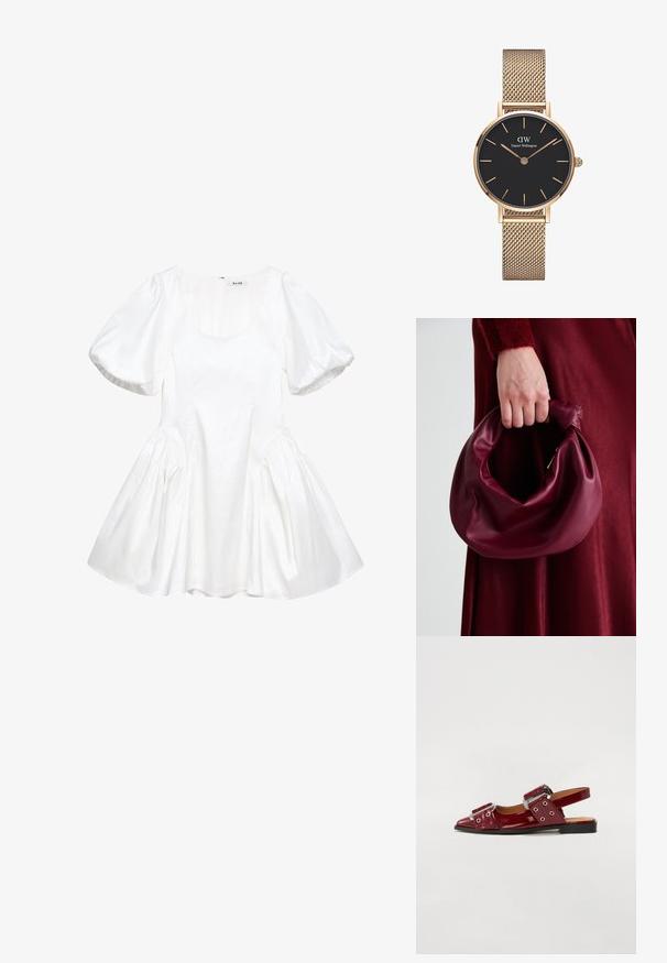 Witte jurk met pofmouwen van soepele stof, met een ronde halslijn, geplooide zijkanten en een uitlopende rok. Ritsluiting aan de achterkant.; Bordeaux glanzend leren slingback-schoenen met een spitse neus, voorzien van twee verstelbare gespsluitingen en accenten van zilverhardware.; Bordeaux leren handtas met een zacht, gegathered ontwerp en een ronde vorm. De handgreep is stevig bevestigd en toont een gladde textuur.; Gouden mesh bandhorloge van Daniel Wellington met een ronde zwarte wijzerplaat, gouden uurmarkeringen en logo op 12 uur. Eenvoudig, elegant ontwerp.