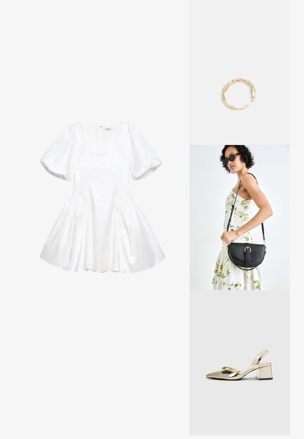 Balts puff-manes kleita, izgatavota no gludas auduma, ar apaļu dekoltē, savilktām malām un izplestu svārku. Aizmugurējā daļā ir rāvējslēdzēja aizdare.; Zeltaini, metāla kurpes ar siksniņām, norakans purngalis un masīla papēdis. Gluda tekstūra, minimālisma dizains un šaura siksna.; Melnas ādas rokassoma ar izliekta formu, noņemamu siksnu un zelta aksesuāriem. Somai ir vāciņš ar sprādzes detaļu.; Zelta toņa gredzens ar organisku, vērptu dizainu, gludu virsmu un sašaurinātiem galiem, radot mūsdienīgu, skulpturālu izskatu.