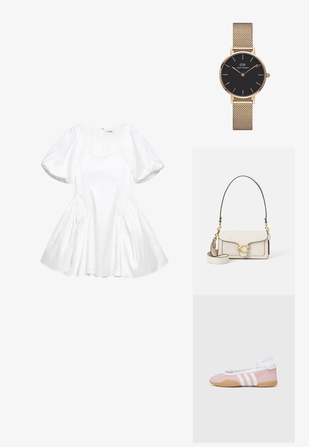 Witte jurk met pofmouwen van soepele stof, met een ronde halslijn, geplooide zijkanten en een uitlopende rok. Ritsluiting aan de achterkant.; adidas Originals TAEKWONDO MEI BALLET - Sneakers laag - clear pink/ftwr white/gum; Crème leren handtas met een gestructureerd ontwerp, contrasterende zwarte randen, gouden hardware en een afneembare schouderband met een handtekening logo.; Gouden mesh bandhorloge van Daniel Wellington met een ronde zwarte wijzerplaat, gouden uurmarkeringen en logo op 12 uur. Eenvoudig, elegant ontwerp.