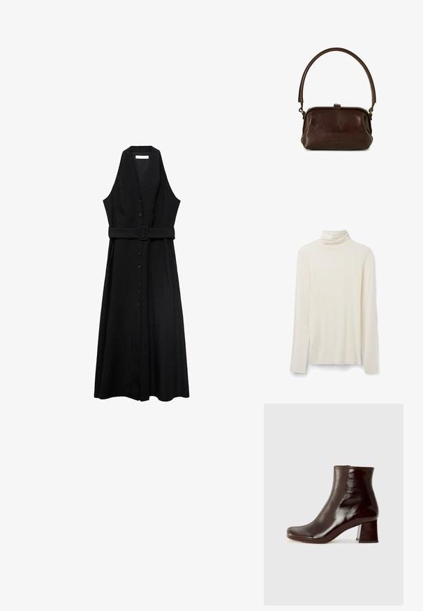 Zwarte mouwloze jurk met een riem, met een knoopsluiting aan de voorkant en een vloeiende rok, gemaakt van een gladde stof met een minimalistisch ontwerp.; Crème turtleneck langemouwen shirt gemaakt van zachte stof, met een aansluitende hals en eenvoudig ontwerp met lange mouwen en rechte zoom.; Chie Mihara MUKI - Enkellaarsjes met sleehak - sucre choco; BALAGAN ROHA - Handtas - dark brown
