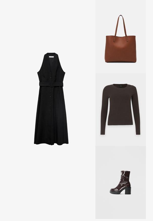 Crna haljina bez rukava s remenom, s prednjim kopčanjem na dugmad i lepršavom suknjom, izrađena od glatkog materijala s minimalističkim dizajnom.; Smeđa, dugokraga, rebrasta majica s dugim rukavima. Izrađena od glatkog, rastezljivog materijala, s prikladnim krojem bez mnogo detalja.; Sjajna burgundska čizma do gležnja s debelim crnim potplatom, koja se odlikuje glatkom teksturom i jednostavnim dizajnom. Nema vidljivih kopčanja ili uzoraka.; Smeđa kožna torba preko ramena s glatkom teksturom, otvorenim vrhom i dvjema naramenicama. Ima minimalne šavove i nema vidljivog hardvera.