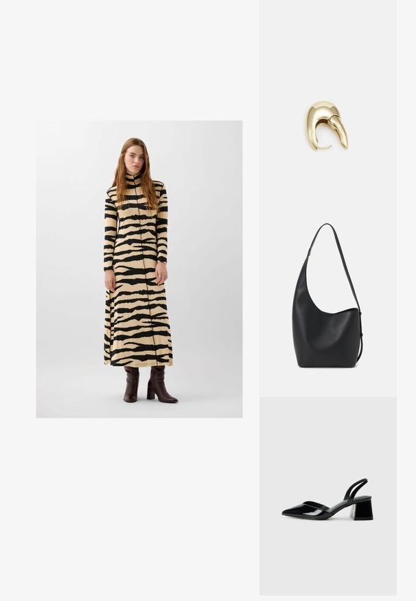 Beige turtleneck-maksimekko, jossa on mustia tiikeriraitoja, pitkät hihat ja rento mitta. Yhdistetty polven yli ulottuviin ruskeisiin saappaisiin.; Mustat patentoitu nahkakengät, joissa on säären takaosa ja terävä kärki, sekä geometrinen palikkakorko. Sisältää tyylikkään, minimalistisen muotoilun ja sileän pinnan.; Musta nahkainen hobo-laukku, jossa on sileä pinta, kaareva muoto ja yksi säädettävä olkahihna; sisäänkäynti on leveä ylhäältä.; Kultahipuinen korvakoru, jossa on sulavalinjainen, kaareva muotoilu. Ominaisuuksiin kuuluu erottuva terävä muoto, kiillotettu pinta ja sarana kiinnitys.