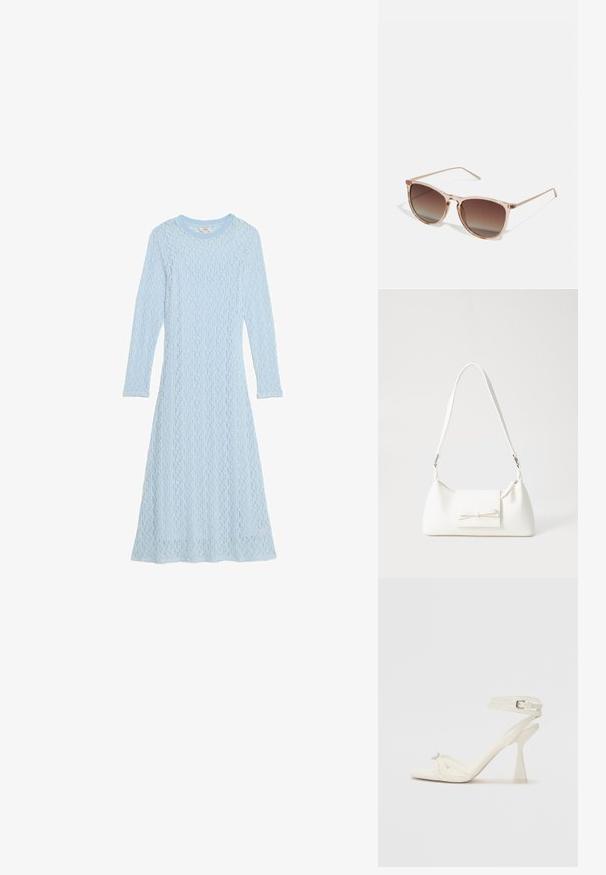 Helles blaues Langarmkleid aus strukturiertem Strickstoff mit rundem Halsausschnitt. Es hat eine fließende Silhouette und ein dezentes Muster.; Sandaletten aus weißem Leder mit hohen Absätzen, schlankem Design, transparentem Blockabsatz und einem dekorativen Element an der Zehe.; Braune Farbverlauf-Sonnenbrille mit einem durchscheinenden rosa Rahmen, quadratischer Form und dünnen Metallbügeln. Verfügt über abgerundete Kanten und minimale Details.; Weiße synthetische Handtasche in dreieckiger Form, flache Vorderklappe und Schleifendetail, verstellbarer Trageriemen, glatte Textur und minimalistisches Design.