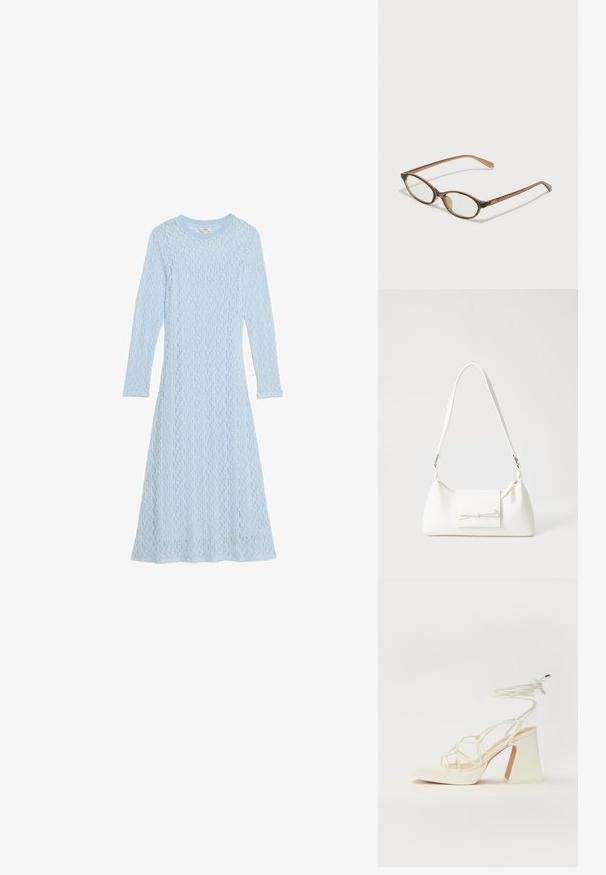 Abito azzurro chiaro a maniche lunghe realizzato in tessuto a maglia testurizzato con scollatura rotonda. Presenta una silhouette fluida e un motivo sottile.; Sandalo bianco con tacco alto, caratterizzato da un design a cinturini e un legaccio alla caviglia. Texture liscia con una piattaforma frontale per un'altezza aggiuntiva.; Occhiali tortoiseshell marroni con lenti ovali, aste sottili e dettagli trasparenti. Presentano un logo sottile sulla tempia. Design elegante e leggero.; Borsa sintetica bianca a forma triangolare, con patta anteriore piatta e dettaglio a fiocco, tracolla regolabile, texture liscia e design minimalista.