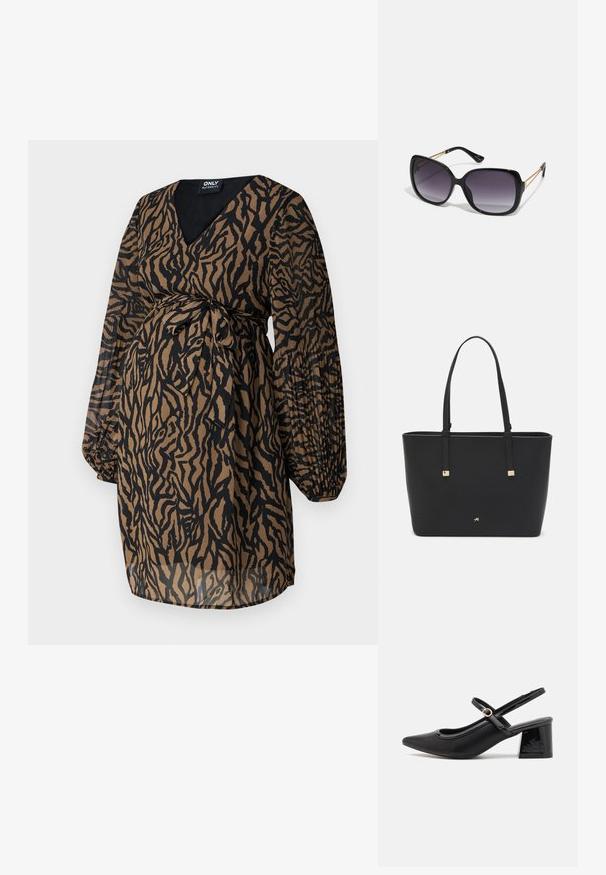 ONLY MATERNITY OLMSTAR DRESS - Dienas kleita - dark brown; Melns patentēts ādas sandales ar norādīta pirksta formu, noapaļotu izgriezuma dizainu un bloķētu papēdi. Iezīmēta ar zelta toņa sprādzi.; Melni pārmērīgi lieli saulesbrilles ar gradāciju lēcām, biezām rāmja malām un zeltainas krāsas ķēžu detaļām uz tempļiem.; Melnā somiņa, kas izgatavota no sintētiska materiāla, ar vienkāršu taisnstūra formu, zelta kvadrātveida akcentiem un divām rokturiem.