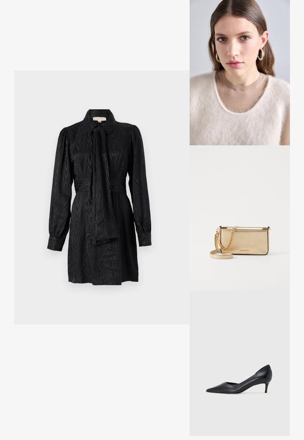 Černé šaty ve stylu košile s límečkem, dlouhými rukávy, opaskem v pase a texturovanou látkou s jemnými vzory. Hladký povrch, přiléhavý střih.; Černá kožená lodička s špičatou špičkou a nízkým podpatkem. Má hladkou texturu a jemný lesk. Přední část je otevřená pro zvýraznění detailu.; Metalická zlatá kožená psaníčko s texturovaným povrchem, vybavená zlatým řetízkovým popruhem a odnímatelným ramenním popruhem. Vystouplé logo značky.; Svetle béžový pletený svetr s jemnou texturou a širokým výstřihem, vrstvený přes přiléhavé hnědé tričko. Model nosí stříbrné kruhové náušnice.