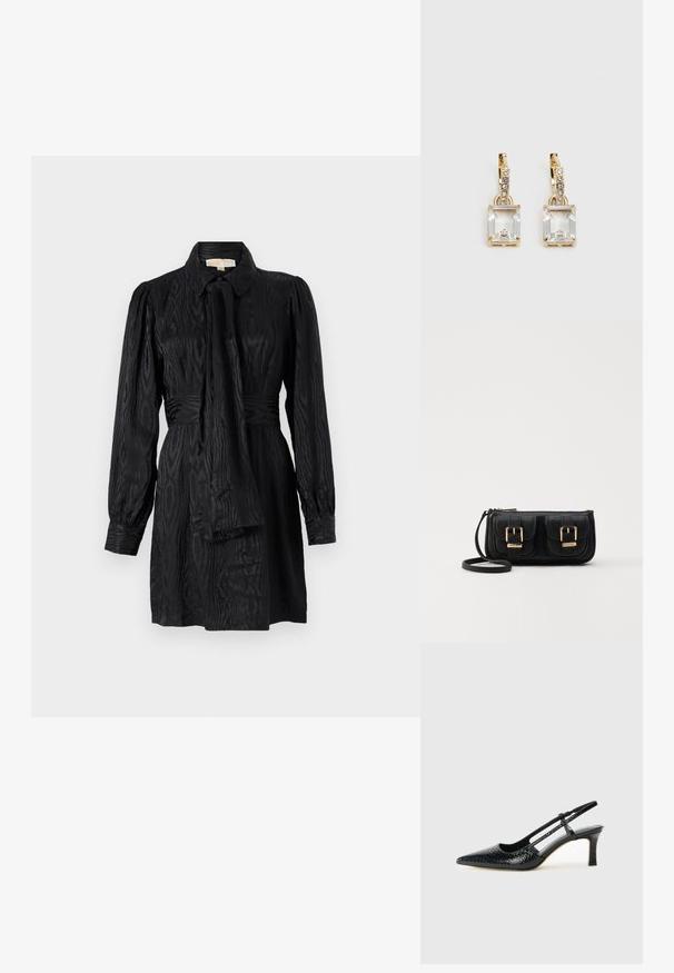 Abito nero a camicia con colletto, maniche lunghe, cintura in vita e tessuto texturizzato con motivi sottili. Finitura liscia e forma sartoriale.; Slingback con tacco in vernice nera con punta affusolata, caratterizzato da una stampa a serpente testurizzata, cinturino regolabile e un tacco corto e testurizzato.; Borsa a tracolla nera in pelle con due tasche frontali, fibbie dorate, chiusura con zip e una tracolla sottile. Superficie texturizzata e forma rettangolare compatta.; Orecchini in tonalità dorata con un cristallo trasparente rettangolare sospeso sotto una fila di piccoli accenti trasparenti rotondi. Design elegante e moderno.