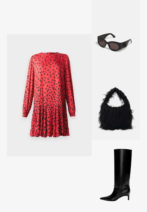 Czerwona sukienka z długimi rękawami, z okrągłym dekoltem i czarnymi kropkami. Rozszerzany dół z marszczoną talią dla zwiewnego wyglądu.; Czarne skórzane wysokie botki z ostrym noskiem i niskim obcasem. Posiadają wąski pasek z metalową klamrą wokół kostki. Gładka tekstura.; Czarne okulary przeciwsłoneczne z przerośniętymi, okrągłymi soczewkami, posiadające błyszczące plastikowe oprawki i wyraźny detal logo na skroniach.; Even&Odd - Torba na zakupy