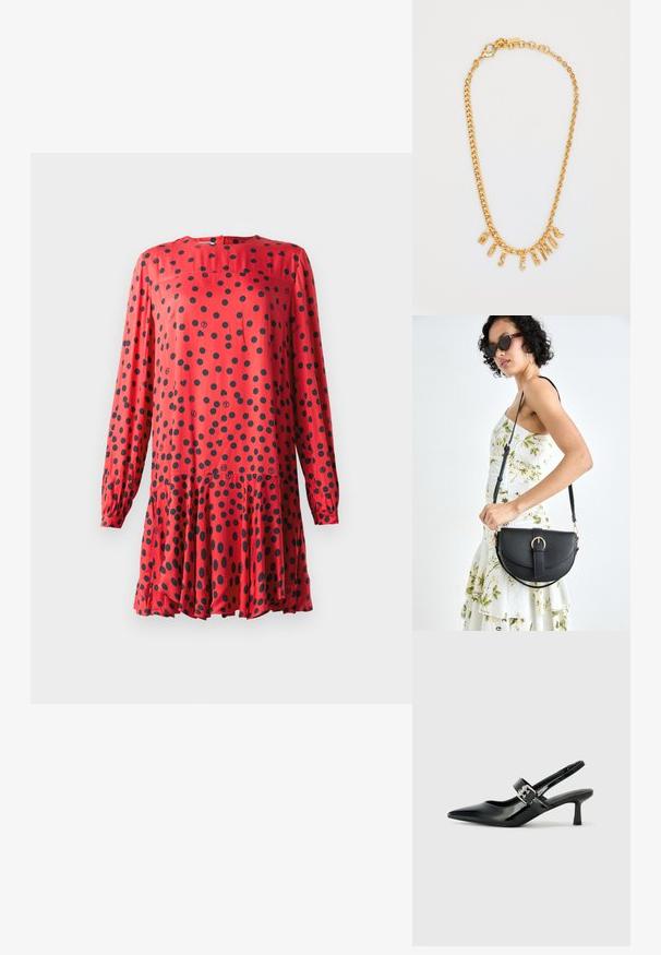 Czerwona sukienka z długimi rękawami, z okrągłym dekoltem i czarnymi kropkami. Rozszerzany dół z marszczoną talią dla zwiewnego wyglądu.; Czarne lakierowane szpilki slingback z wąskim noskiem i małym słupkiem, z ozdobnym srebrnym klamrą na pasku.; Czarna skórzana torebka o zakrzywionym kształcie, z odpinanym paskiem i złotymi akcentami. Torebka posiada klapę z zapięciem w kształcie klamry.; Złoty naszyjnik łańcuszkowy z literowymi zawieszkami, które tworzą napis "MOSCATO". Gładka tekstura z zapięciem typu lobster oraz ogniwami o różnej wielkości.