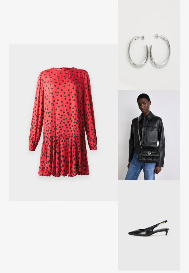 Rotes Kleid mit langen Ärmeln, Rundhalsausschnitt und schwarzen Punkten. Ausgestellter Saum mit gerüschter Taille für ein luftiges Aussehen.; Schwarze Leder-Slingback-Pumps mit spitzem Schuhblatt, ausgestattet mit einem schlanken Absatz und einem goldfarbigen Akzent am verstellbaren Riemen. Glatte Textur.; Schwarze Lederjacke mit Knopfverschluss und zwei vorderen Taschen, kombiniert mit einer schwarzen gesteppte Handtasche mit goldener Schnalle und Kettenriemen.; Silberne Creolen mit einem glatten, geschwungenen Design. Mit einem glänzenden metallischen Finish und Steckverschluss. Keine sichtbaren Muster oder Akzente.