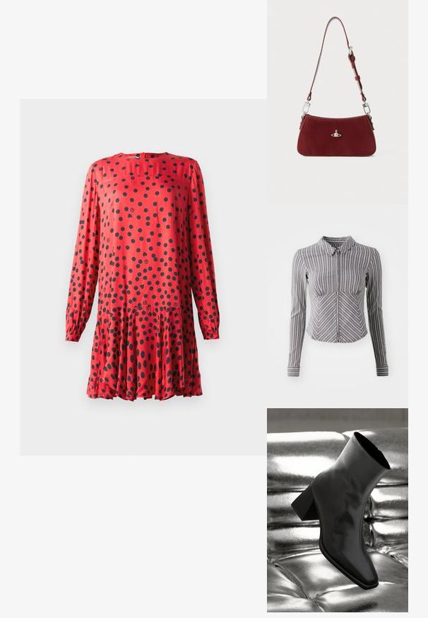 Punane kleit pikkade varrukatega, ümmarguse kaelusega ja mustade täppidega. Laienev rump, millel on kogutud vöökoht, et saavutada voolav välimus.; Hall liib seljaga hall pikkade varrukatega särk, millel on vertikaalsed valged triibud, kollane kaelus ja tõmblukuga eesosa. Omab figuuri rõhutavat lõiget ja kõverat alumist serva.; Must musta narmand, läikiva materjali ja ruudukujulise varbaga ning kitseneva kontsaga, paigutatud läikiva hõbedaselt tuftitud tausta ette.; Punane sule nahast õlakott, millel on kaarjas kuju. Omab hõbedast detaili ja reguleeritavat rihma koos riistade kaunistustega. Sile tekstuur.