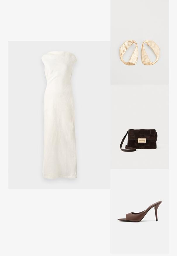 Biała lniana sukienka maxi z dekoltem off-the-shoulder, dopasowaną sylwetką i prostym dołem. Posiada teksturowany materiał dla dodatkowego efektu.; Brązowe skórzane klapki na wysokim obcasie z odkrytymi palcami o eleganckim wzornictwie, z szerokim przednim paskiem i smukłym obcasem typu stiletto.; Brązowa torebka z zamszu z pikowanym wzorem, prostokątnym kształtem, złotymi akcentami i regulowanym paskiem na ramię.; Para nieregularnych, owalnych kolczyków ze złotego metalu o teksturowanej, lekko młotkowanej powierzchni na białym tle.