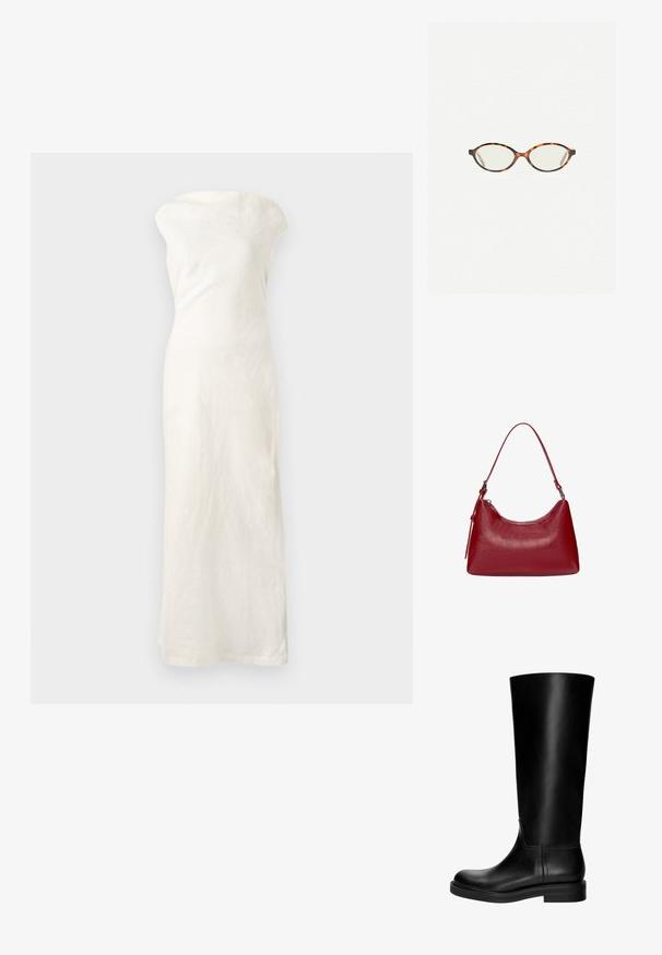 Bela lanena maksi obleka z dekoltejem brez naramnic, prilegajočo silhueto in ravnim robom. Ima teksturirano tkanino za dodaten detajl.; Črne usnjene škornje do kolen z gladko teksturo, zaobljenim prstom, preprostim dizajnom in nizko blok peto. Ni vidne opreme ali vzorcev.; Kornjačaste očala z ovalnimi lečami in gladko, sijočo površino. Imajo tanke stranice z rahlim ovinkom na templjih. Prosojne leče.; Rdeča usnjena torba za ramo z ukrivljeno obliko, gladko teksturo in zadrgo. Ima tanek ročaj za nošenje.