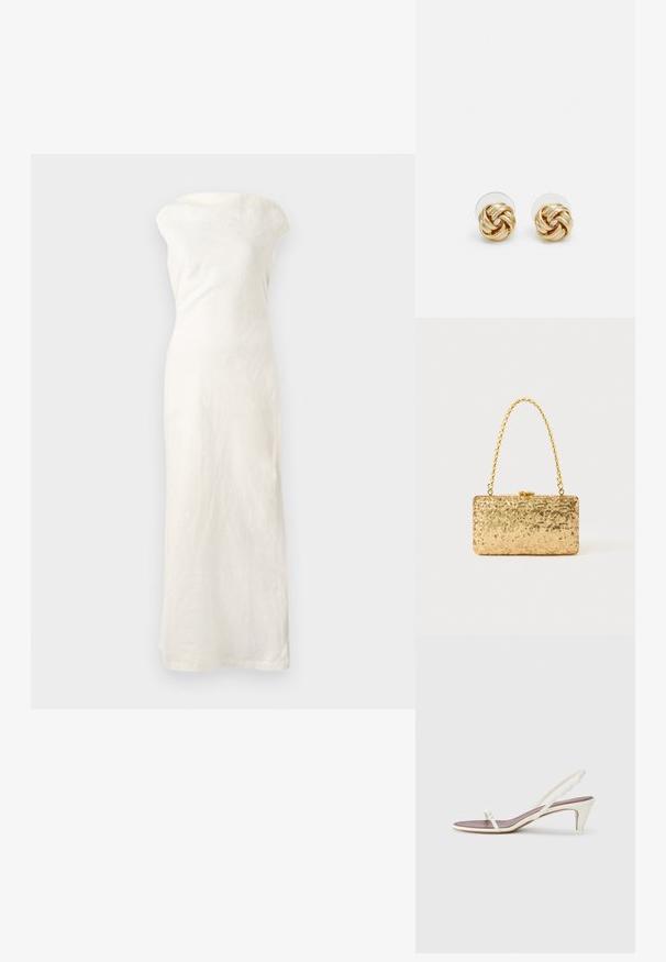 Fehér len maxi ruha vállpánt nélküli nyakkivágással, testhezálló szilhuetteljével és egyenes aljával. Texturált anyaga kiemeli a részleteket.; Fehér, pántos szandál enyhe sarokkal, vékony pántokkal és sima bőr textúrával; kis díszítő csattal rendelkezik.; Arany flitteres clutch táska, téglalap alakú, csavart lánckarabinerekkel és fém záródással, mely fényt tükröz a textúrált felületének köszönhetően.; Arany színű csomó fülbevalók, csavart formával. Minden fülbevaló mögött egy kör alakú átlátszó támasz található a biztonságos viselés érdekében.