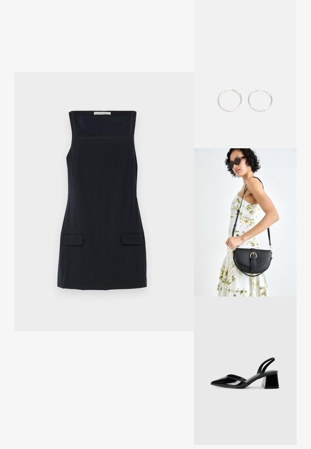 Tummansininen sansihihaton mekko, jossa on neliömäinen pääntie, kaksi etutaskua ja sileä pinta. Suora leikkaus ilman lisäkoristeluja.; Mustat patentoitu nahkakengät, joissa on säären takaosa ja terävä kärki, sekä geometrinen palikkakorko. Sisältää tyylikkään, minimalistisen muotoilun ja sileän pinnan.; Musta nahkainen käsilaukku, joka on kaareva muotoilultaan, irrotettavalla hihnalla ja kultaisilla yksityiskohdilla. Laukussa on läppä, jossa on solk yksityiskohta.; Hopea rengas korvakorut, joissa on tyylikäs, pyöreä muotoilu, tasainen pinta ja ilman näkyviä koristeita. Halkaisija ei ole määritelty.